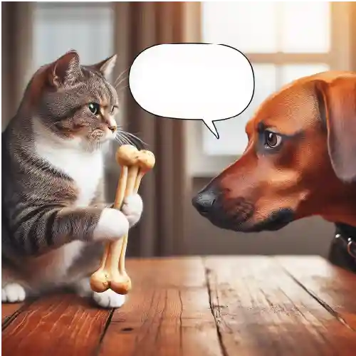Gato engañando a perro con un hueso falso