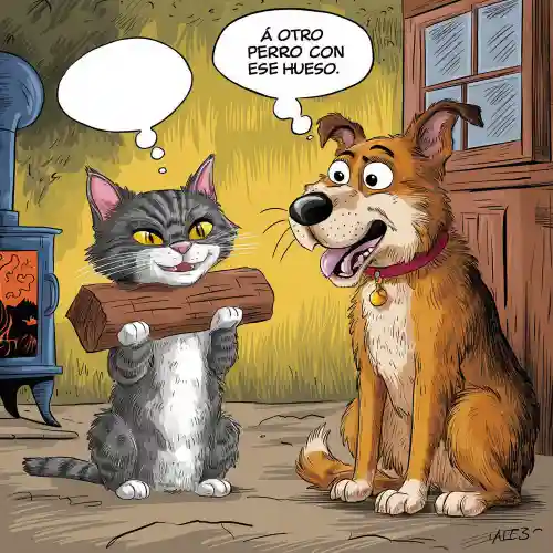 Meme comico de gato intentando engañar a perro