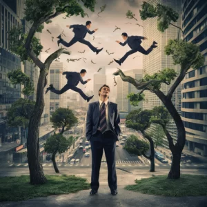 Un hombre bestido de ejecutivo saltando de rama en rama en una ciudad