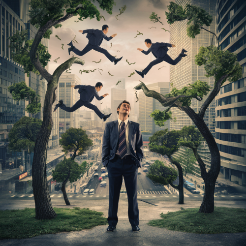 Un hombre bestido de ejecutivo saltando de rama en rama en una ciudad