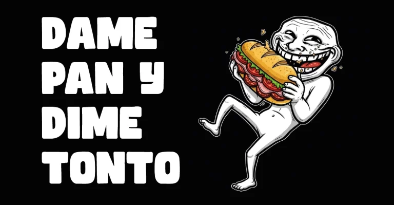 Ilustración divertida del meme Trollface sosteniendo un bocata con la frase “Dame pan y dime tonto”,